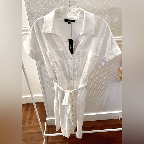 NWT - Lulu’s white button-up short sleeve midi dress - size large - Picture 3 of 11